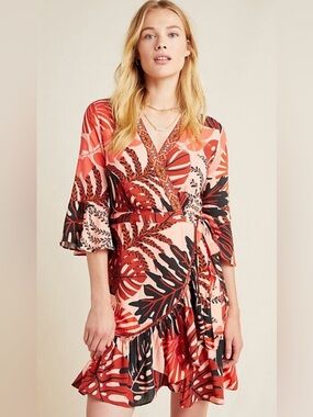 Farm Rio Anthro Bruxelles Wrap Mini Dress Tropical Resort EUC S